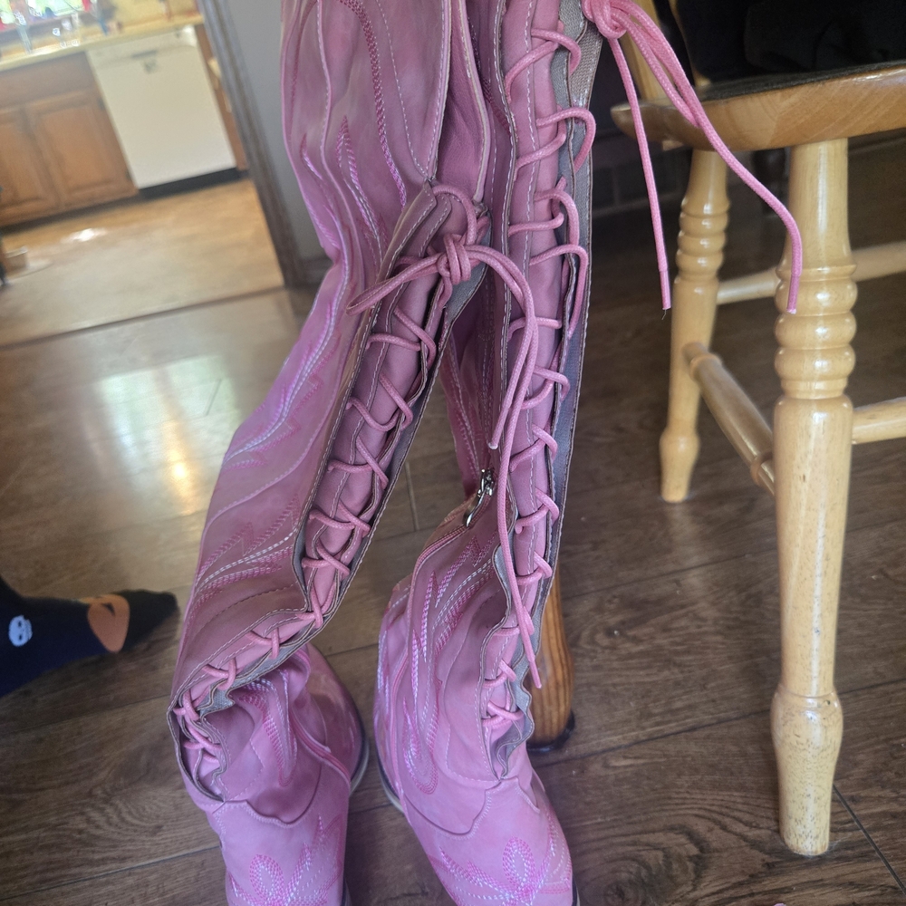 Very Cool Thigh High, Pink Embroidered Western Boots - Picture 2 of 8